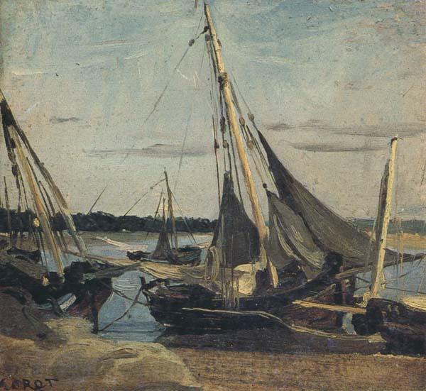 camille corot Trouville Fishing Boats Stranded in the Channel (mk40) Spain oil painting art
